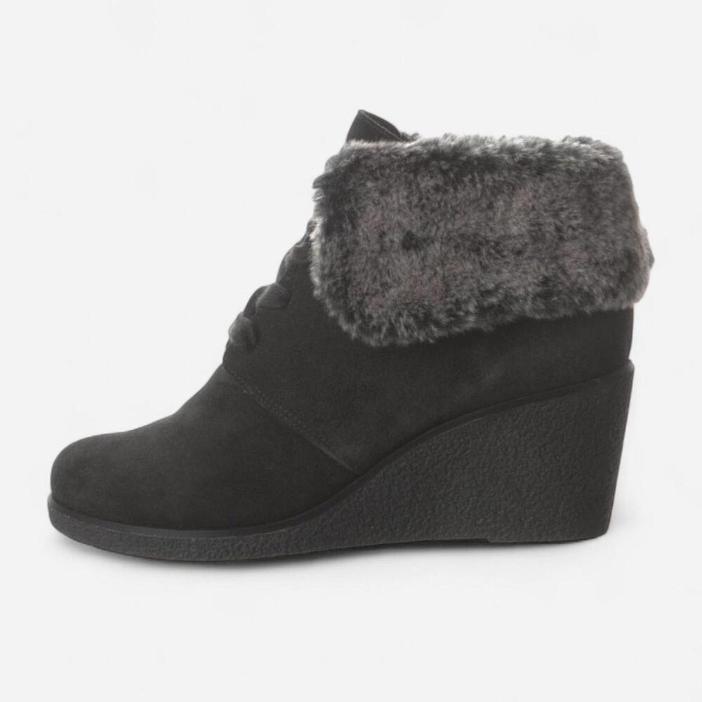 Cole Haan Black suede wedge lace up ankle boots with faux‎ fur